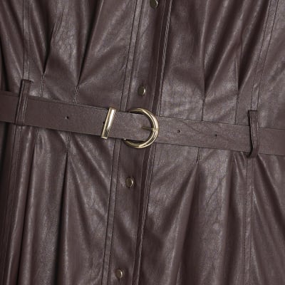 Red faux leather belted midi shirt dress