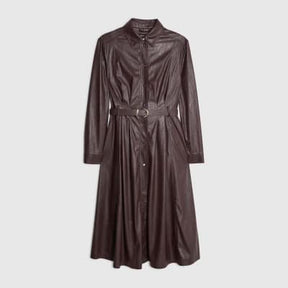 Red faux leather belted midi shirt dress