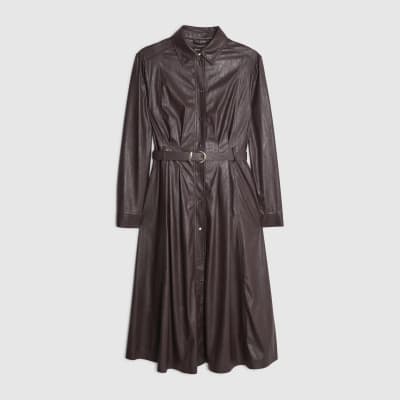 Red faux leather belted midi shirt dress