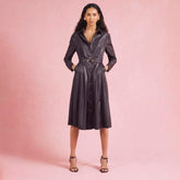 Red faux leather belted midi shirt dress