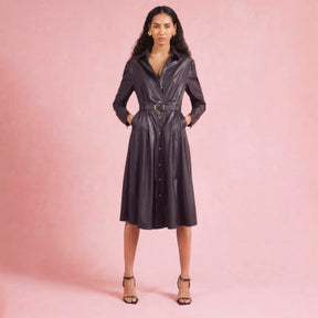 Red faux leather belted midi shirt dress