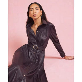 Red faux leather belted midi shirt dress