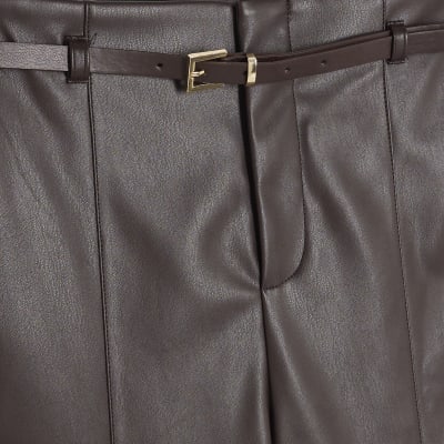 Red Faux Leather Belted Wide Leg Trousers