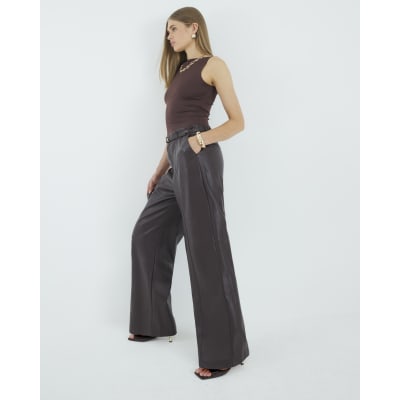 Red Faux Leather Belted Wide Leg Trousers