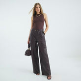 Red Faux Leather Belted Wide Leg Trousers