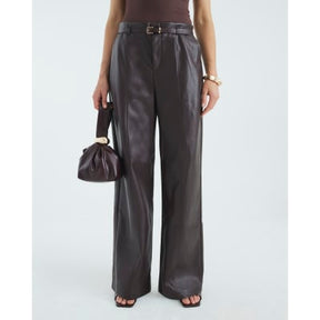 Red Faux Leather Belted Wide Leg Trousers