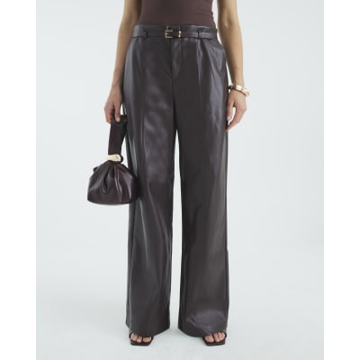 Red Faux Leather Belted Wide Leg Trousers