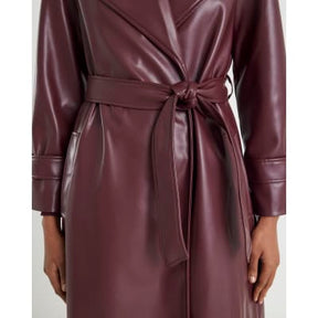 Red Faux Leather Belted Wrap Coat