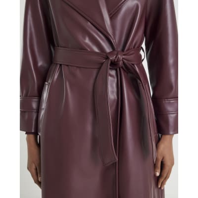 Red Faux Leather Belted Wrap Coat