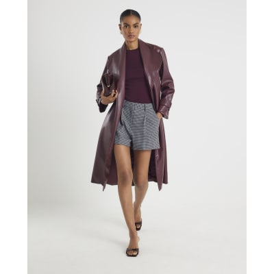 Red Faux Leather Belted Wrap Coat