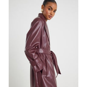 Red Faux Leather Belted Wrap Coat