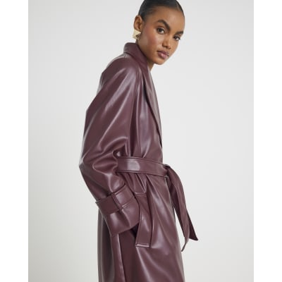 Red Faux Leather Belted Wrap Coat