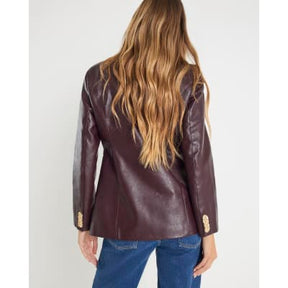 Red Faux Leather Button Collarless Jacket