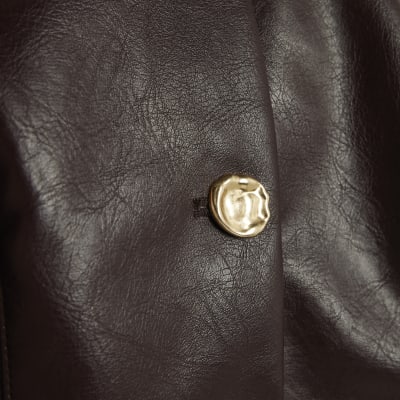 Red Faux Leather Button Collarless Jacket