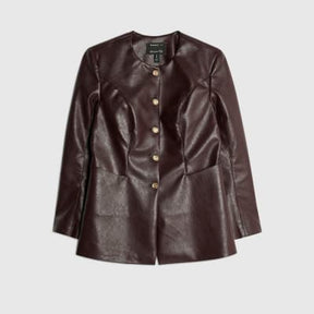 Red Faux Leather Button Collarless Jacket
