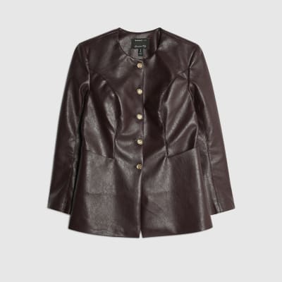 Red Faux Leather Button Collarless Jacket