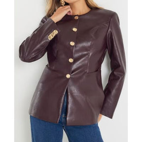 Red Faux Leather Button Collarless Jacket
