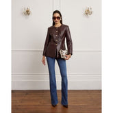 Red Faux Leather Button Collarless Jacket