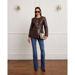 Red Faux Leather Button Collarless Jacket