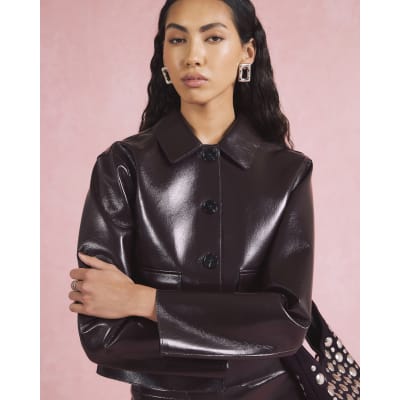Red Faux Leather Button Through Jacket