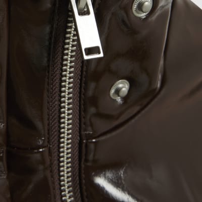 Red Faux Leather Funnel Neck Jacket