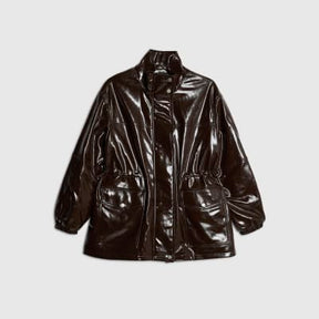 Red Faux Leather Funnel Neck Jacket