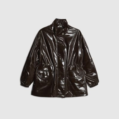 Red Faux Leather Funnel Neck Jacket