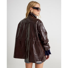 Red Faux Leather Funnel Neck Jacket