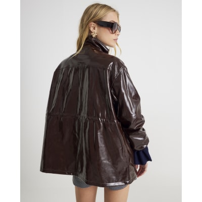 Red Faux Leather Funnel Neck Jacket