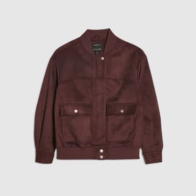 Red Faux Suede Classic Bomber Jacket