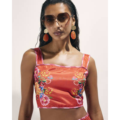 Red Floral Print Crop Top