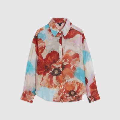 Red Floral Print Long Sleeve Blouse