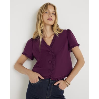 Red Frill Button Tailored Top