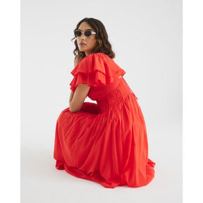 Red frill Sleeve Midi Dress