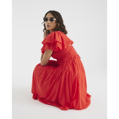 Red frill Sleeve Midi Dress
