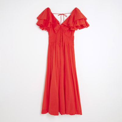 Red frill Sleeve Midi Dress