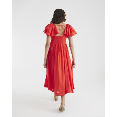 Red frill Sleeve Midi Dress