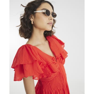 Red frill Sleeve Midi Dress