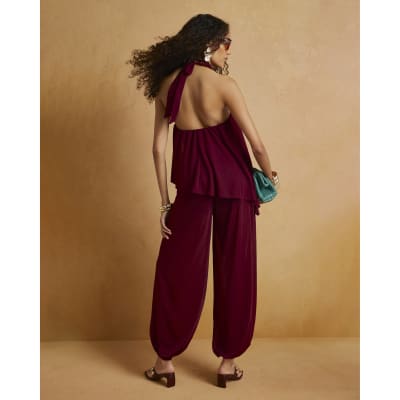 Red Halter Neck Balloon Leg Jumpsuit