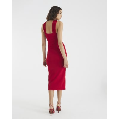 Red Halter Neck Midi Dress
