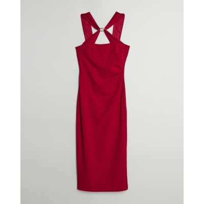 Red Halter Neck Midi Dress
