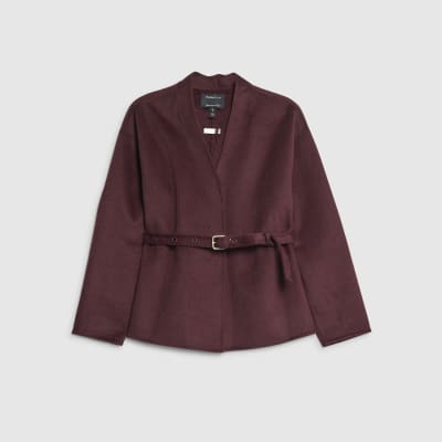 Red Handmade Wool Blend Short Belted Jacket
