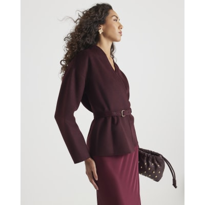 Red Handmade Wool Blend Short Belted Jacket