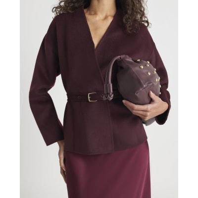 Red Handmade Wool Blend Short Belted Jacket