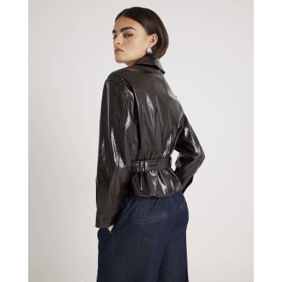 Red High Shine Belted Faux leather Shirt