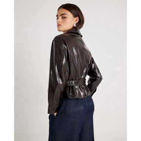 Red High Shine Belted Faux leather Shirt