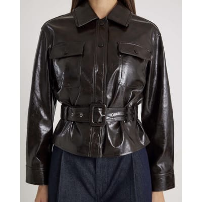 Red High Shine Belted Faux leather Shirt