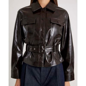 Red High Shine Belted Faux leather Shirt
