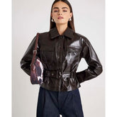 Red High Shine Belted Faux leather Shirt