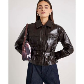 Red High Shine Belted Faux leather Shirt